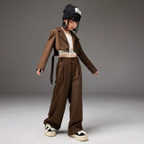 Hip Hop Outfits Girls Performance Wear Brown Blazer Tops Loose Casual Pants Set Fashion Streetwear Jazz Dance Costumes for Kids