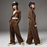 Hip Hop Outfits Girls Performance Wear Brown Blazer Tops Loose Casual Pants Set Fashion Streetwear Jazz Dance Costumes for Kids