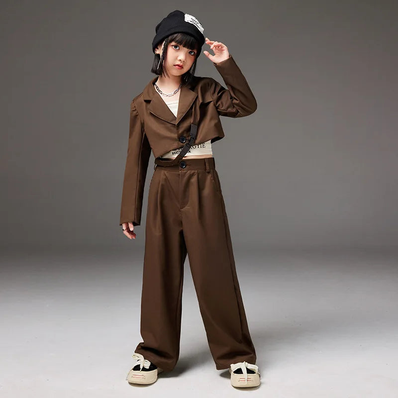 Hip Hop Outfits Girls Performance Wear Brown Blazer Tops Loose Casual Pants Set Fashion Streetwear Jazz Dance Costumes for Kids