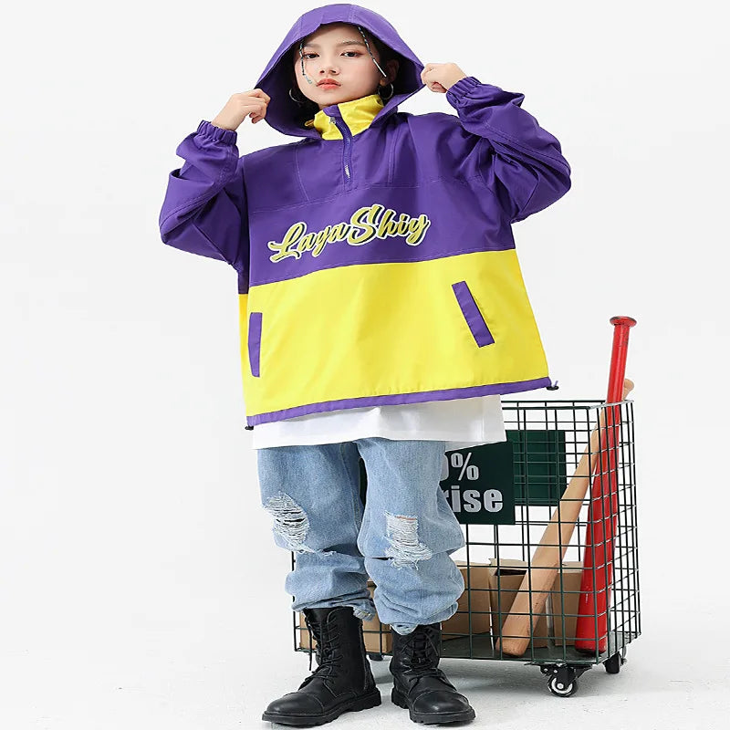 Hip-hop Streetwear Girls Jazz Dance Outfit Purple Yellow Patchwork Jacket Blue Ripped Jeans Kids Ballroom Dance Performance Wear