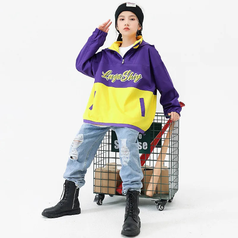 Hip-hop Streetwear Girls Jazz Dance Outfit Purple Yellow Patchwork Jacket Blue Ripped Jeans Kids Ballroom Dance Performance Wear