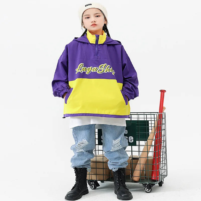 Hip-hop Streetwear Girls Jazz Dance Outfit Purple Yellow Patchwork Jacket Blue Ripped Jeans Kids Ballroom Dance Performance Wear