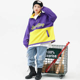 Hip-hop Streetwear Girls Jazz Dance Outfit Purple Yellow Patchwork Jacket Blue Ripped Jeans Kids Ballroom Dance Performance Wear