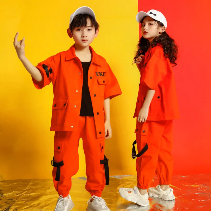 Hiphop Street Ballroom Dancing Clothes Wear Kids Jazz Hip Hop Dance Costumes Orange Jacket Top Loose Casual Pants For Girls Boys