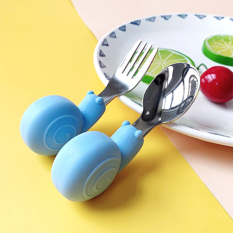 Hippo Snail Whale Silicone Baby Spoon and Fork 316 Stainless Steel Utensil Set Learn To Eat  Tableware Baby Infant Food Feeding