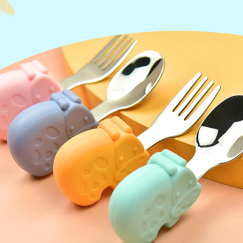 Hippo Snail Whale Silicone Baby Spoon and Fork 316 Stainless Steel Utensil Set Learn To Eat  Tableware Baby Infant Food Feeding