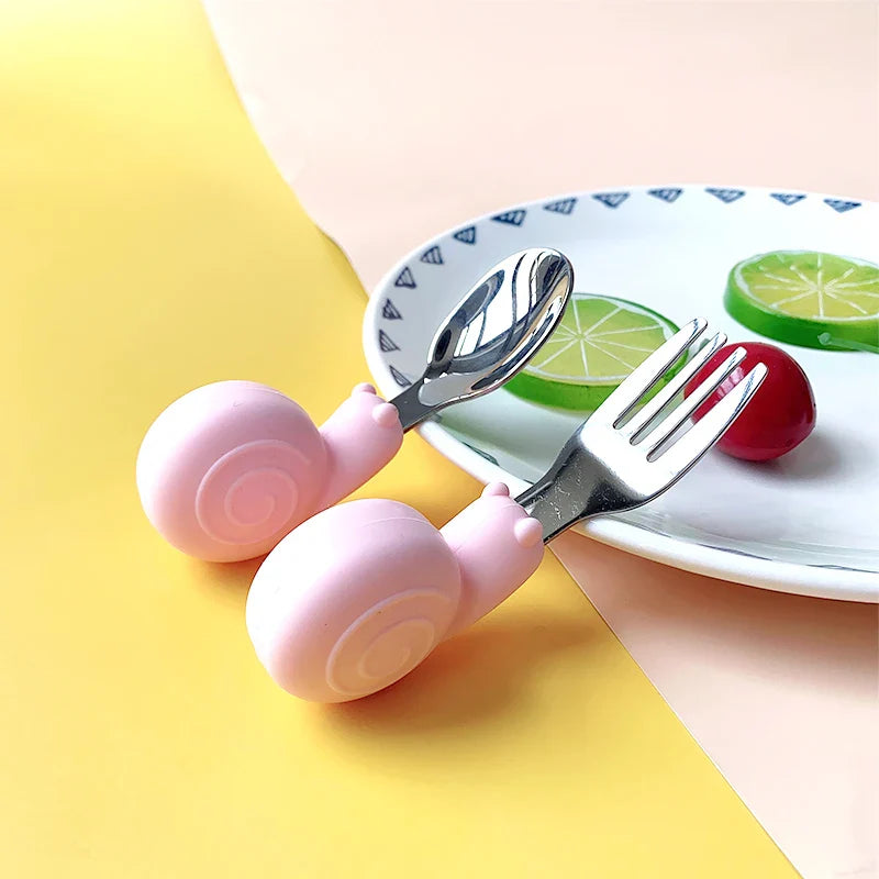 Hippo Snail Whale Silicone Baby Spoon and Fork 316 Stainless Steel Utensil Set Learn To Eat  Tableware Baby Infant Food Feeding