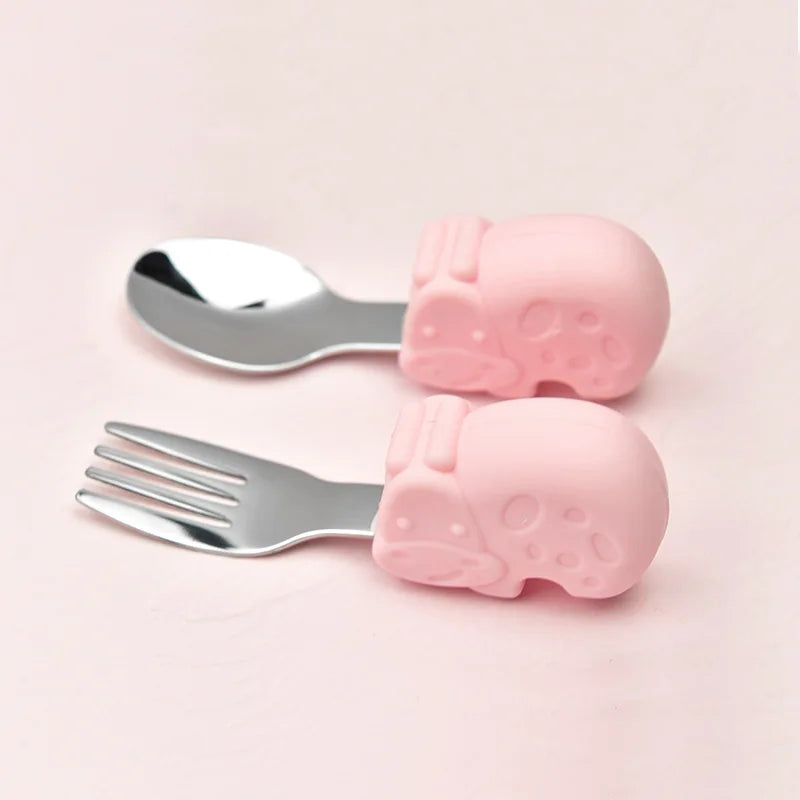 Hippo Snail Whale Silicone Baby Spoon and Fork 316 Stainless Steel Utensil Set Learn To Eat  Tableware Baby Infant Food Feeding