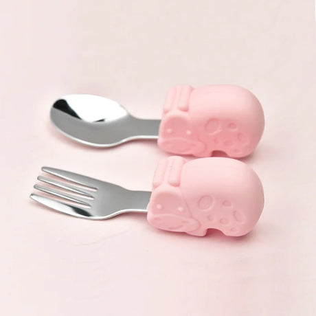 Hippo Snail Whale Silicone Baby Spoon and Fork 316 Stainless Steel Utensil Set Learn To Eat  Tableware Baby Infant Food Feeding