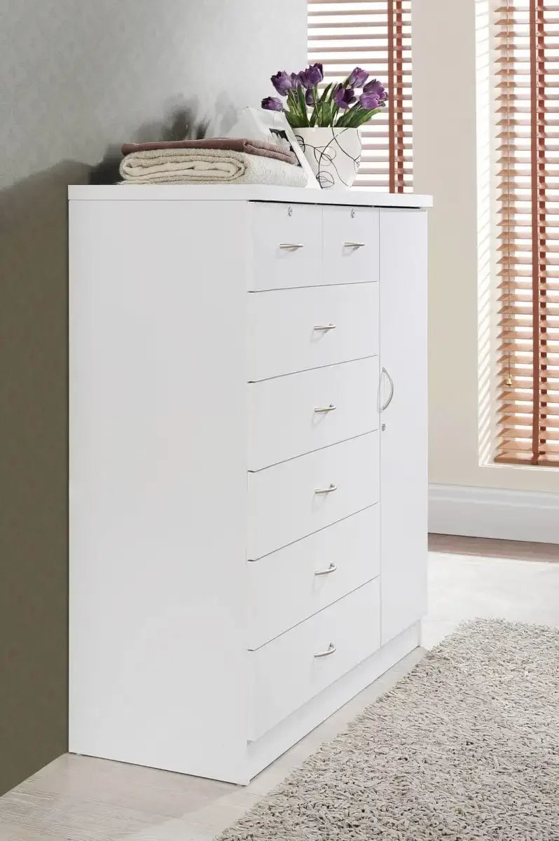 Hodedah 7-Drawer Dresser with Side Cabinet equipped with 3-Shelves, White