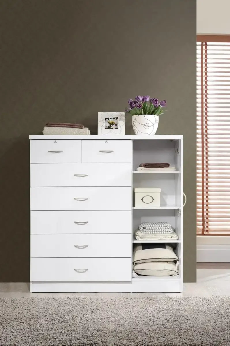 Hodedah 7-Drawer Dresser with Side Cabinet equipped with 3-Shelves, White