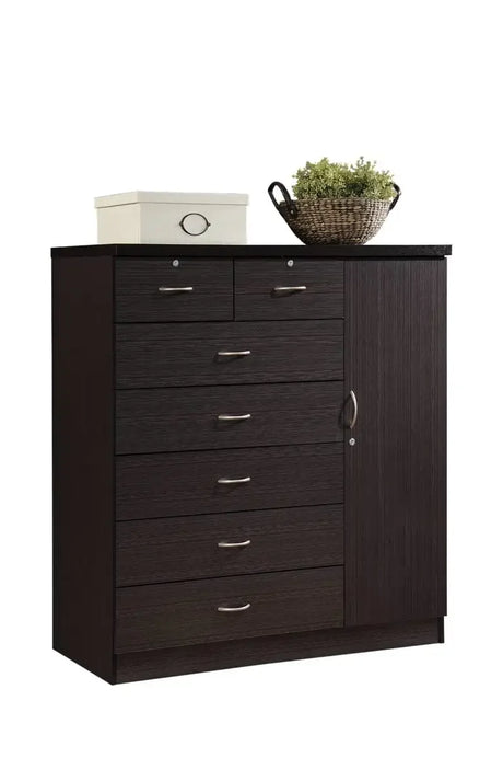 Hodedah 7-Drawer Dresser with Side Cabinet equipped with 3-Shelves, White