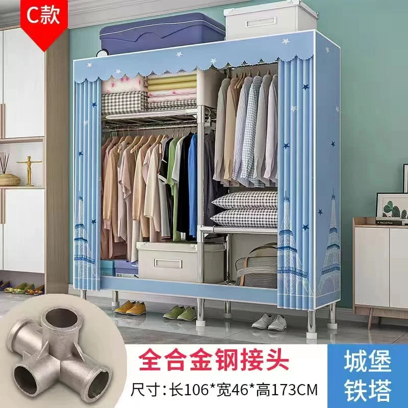 Home Rental Room Bedroom Assembly Hanging Clothes Storage Finishing Steel Frame Bold Simple Oxford Cloth Wardrobe