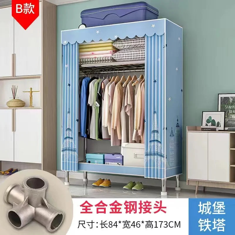 Home Rental Room Bedroom Assembly Hanging Clothes Storage Finishing Steel Frame Bold Simple Oxford Cloth Wardrobe