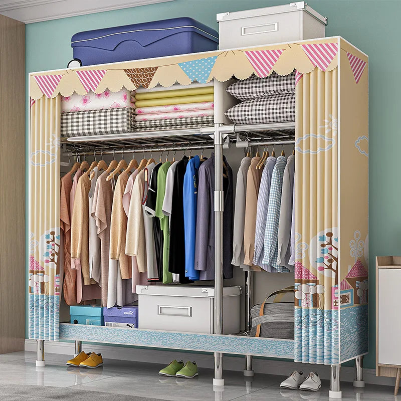 Home Rental Room Bedroom Assembly Hanging Clothes Storage Finishing Steel Frame Bold Simple Oxford Cloth Wardrobe