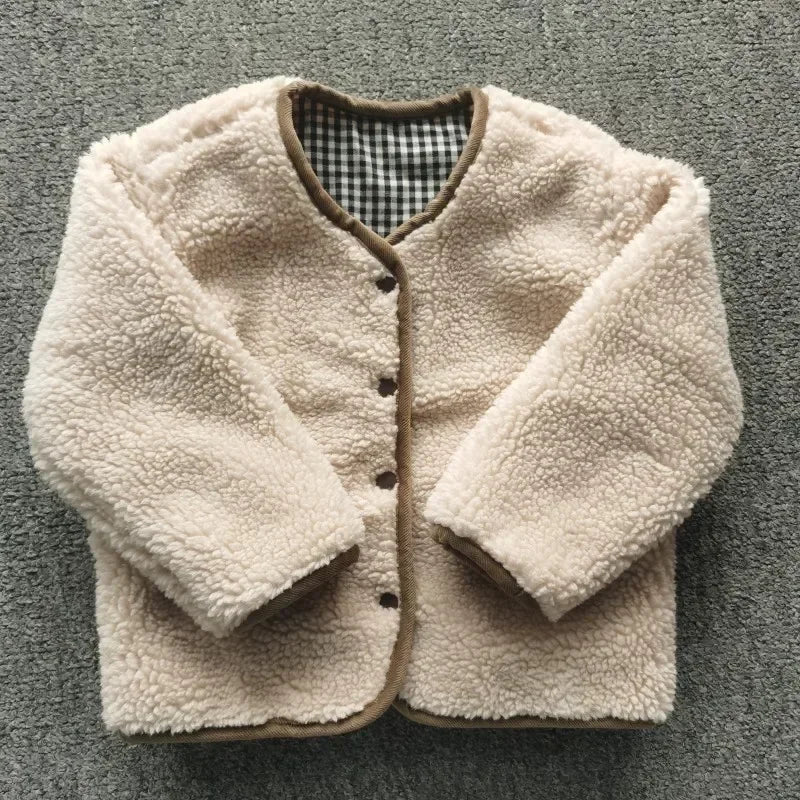 HoneyCherry Autumn and Winter New Warm Jacket Children Two Sides Wear Plaid Plush Jacket Kids Jackets