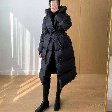 Hooded Long Down Coats Women Thickened Warm Parkas High-end Fashion Lace-up Fluffy Winter Puffer Jacket Female Outerwear