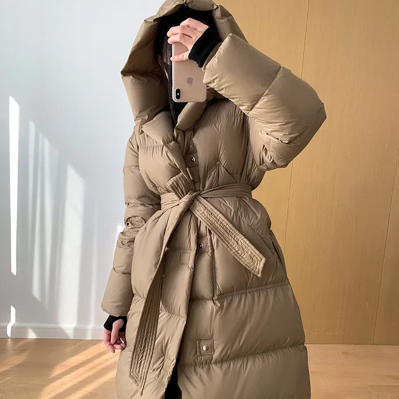 Hooded Long Down Coats Women Thickened Warm Parkas High-end Fashion Lace-up Fluffy Winter Puffer Jacket Female Outerwear