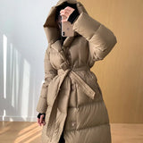 Hooded Long Down Coats Women Thickened Warm Parkas High-end Fashion Lace-up Fluffy Winter Puffer Jacket Female Outerwear