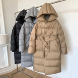 Hooded Long Down Coats Women Thickened Warm Parkas High-end Fashion Lace-up Fluffy Winter Puffer Jacket Female Outerwear