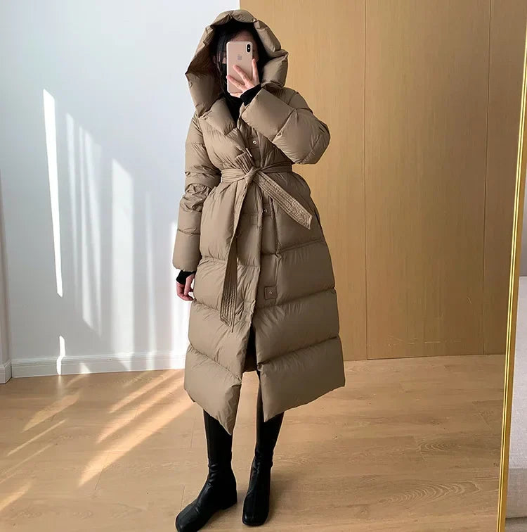 Hooded Long Down Coats Women Thickened Warm Parkas High-end Fashion Lace-up Fluffy Winter Puffer Jacket Female Outerwear