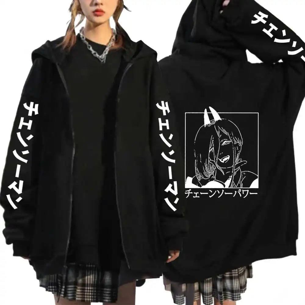 Hot Anime Chainsaw Man Power Plus Size Zip Hoodies Print Hooded Harajuku Women Sweatshirts Long Sleeve Female Zipper Jacket