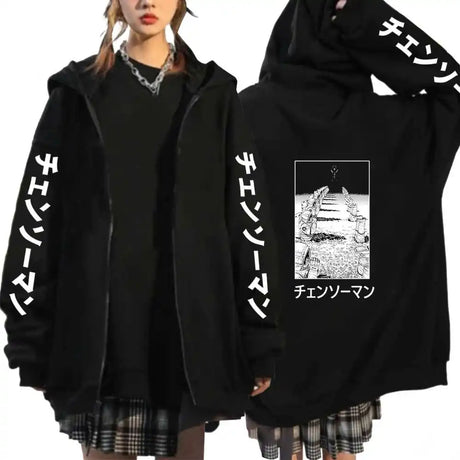 Hot Anime Chainsaw Man Power Plus Size Zip Hoodies Print Hooded Harajuku Women Sweatshirts Long Sleeve Female Zipper Jacket