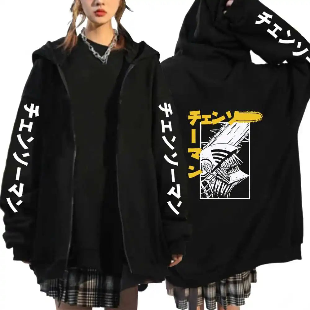 Hot Anime Chainsaw Man Power Plus Size Zip Hoodies Print Hooded Harajuku Women Sweatshirts Long Sleeve Female Zipper Jacket