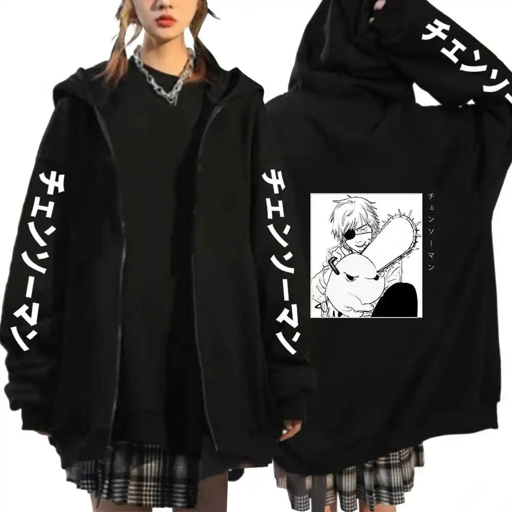 Hot Anime Chainsaw Man Power Plus Size Zip Hoodies Print Hooded Harajuku Women Sweatshirts Long Sleeve Female Zipper Jacket