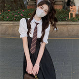 Hot Girl College Style JK Uniform Puff Sleeves Black Suspenders Black Pleated Dress Female Summer Suit