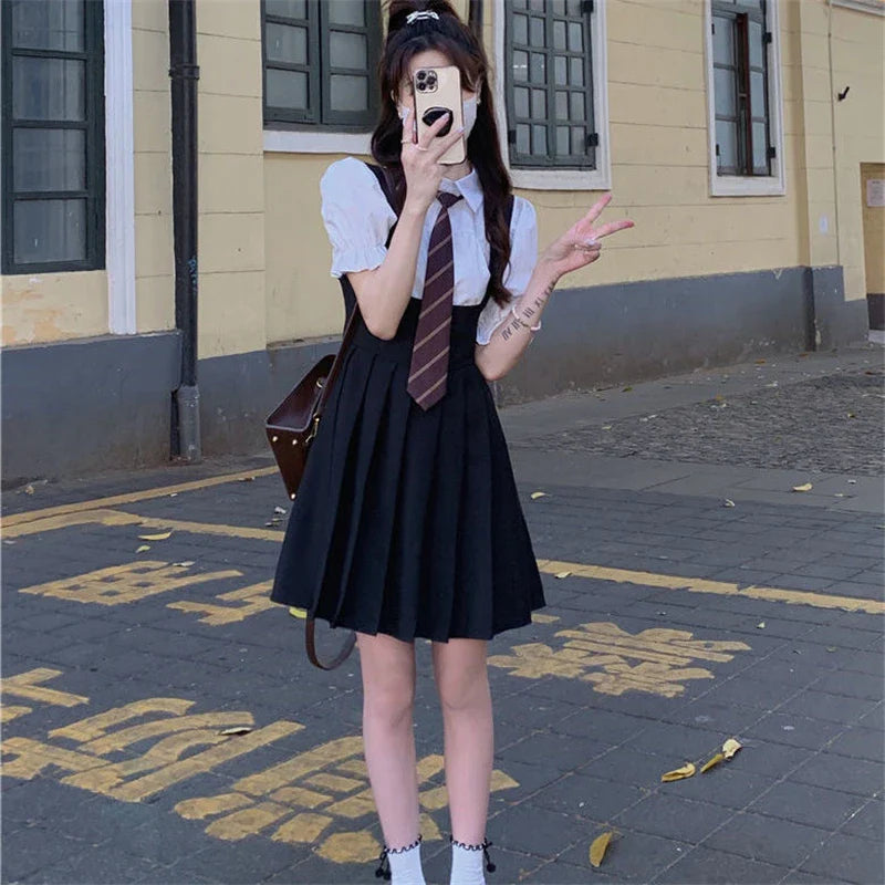 Hot Girl College Style JK Uniform Puff Sleeves Black Suspenders Black Pleated Dress Female Summer Suit