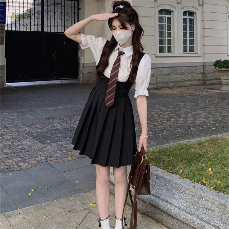 Hot Girl College Style JK Uniform Puff Sleeves Black Suspenders Black Pleated Dress Female Summer Suit