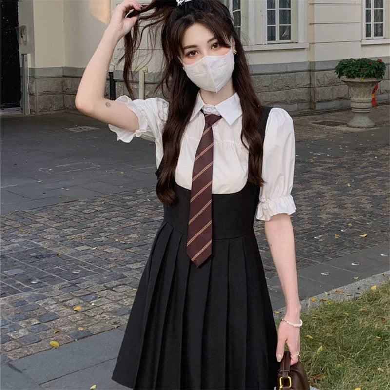 Hot Girl College Style JK Uniform Puff Sleeves Black Suspenders Black Pleated Dress Female Summer Suit