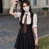 Hot Girl College Style JK Uniform Puff Sleeves Black Suspenders Black Pleated Dress Female Summer Suit