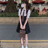 Hot Girl College Style JK Uniform Puff Sleeves Black Suspenders Black Pleated Dress Female Summer Suit