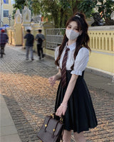 Hot Girl College Style JK Uniform Puff Sleeves Black Suspenders Black Pleated Dress Female Summer Suit