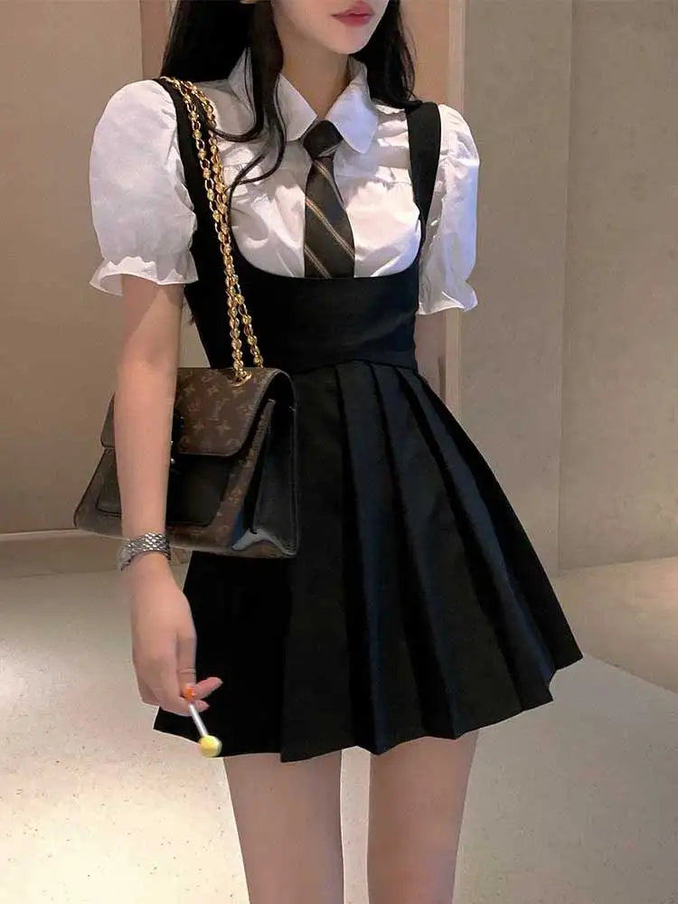 Hot Girl College Style JK Uniform Puff Sleeves Black Suspenders Black Pleated Dress Female Summer Suit