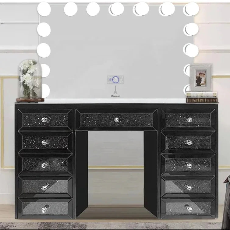 Hot Sale Contemporary Crushed Diamond Mirrored Furniture Vanity Dresser Mirrored Dressing Table with Makeup Hollywood Mirror