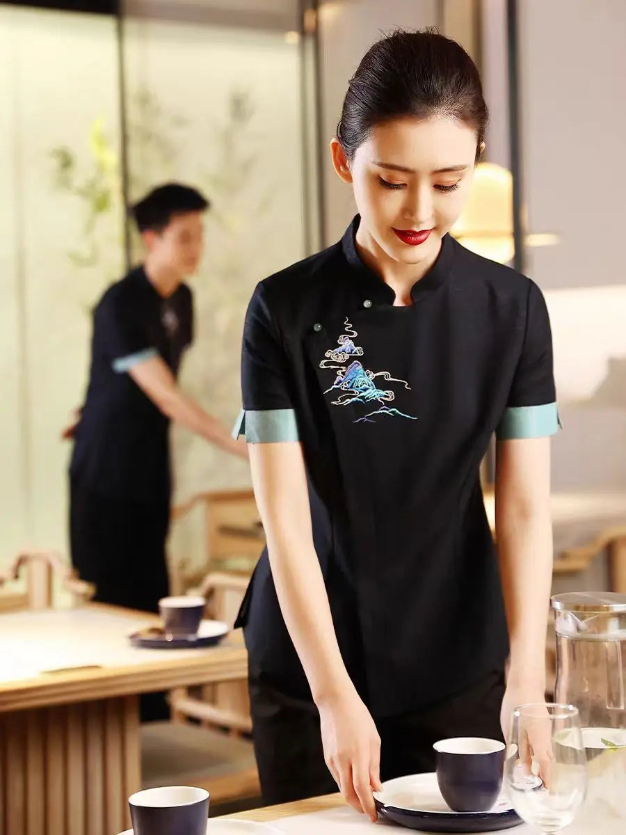 Hotel Attendant Work Clothes Short Sleeve Chinese Restaurant Waiter Uniform Top and Pants Set Catering Hotpot Workwear Wholesale