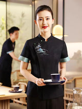 Hotel Attendant Work Clothes Short Sleeve Chinese Restaurant Waiter Uniform Top and Pants Set Catering Hotpot Workwear Wholesale