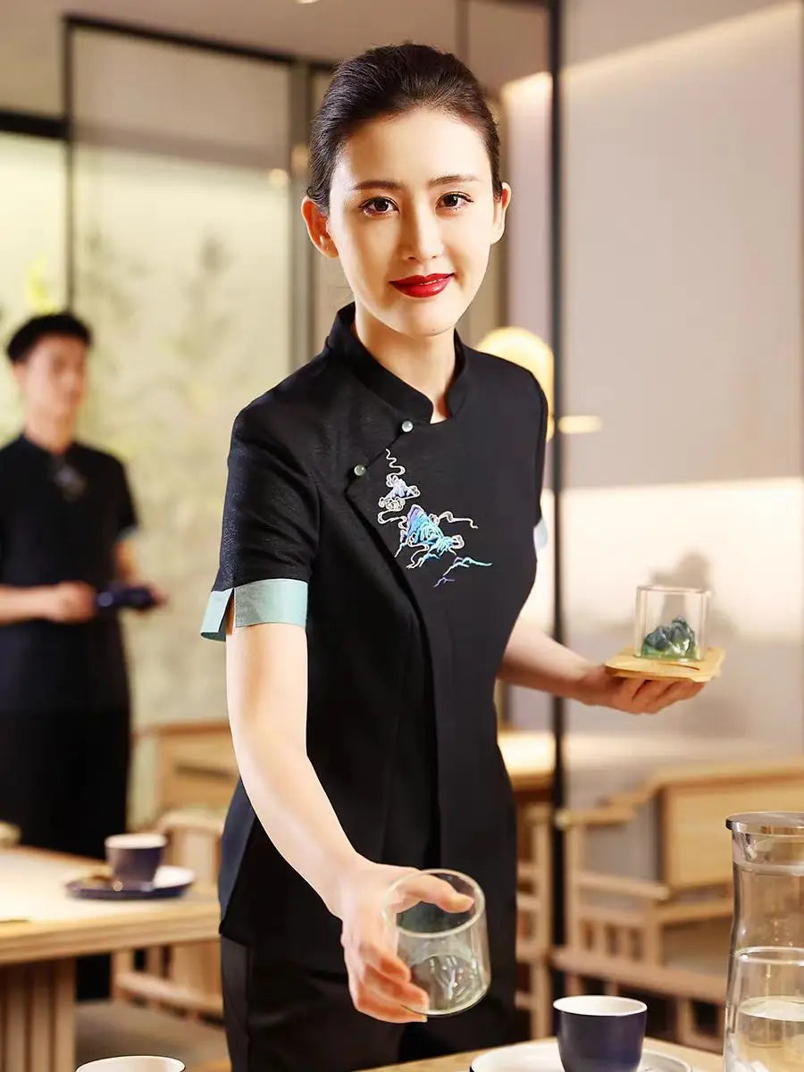 Hotel Attendant Work Clothes Short Sleeve Chinese Restaurant Waiter Uniform Top and Pants Set Catering Hotpot Workwear Wholesale