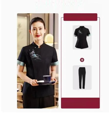 Hotel Attendant Work Clothes Short Sleeve Chinese Restaurant Waiter Uniform Top and Pants Set Catering Hotpot Workwear Wholesale