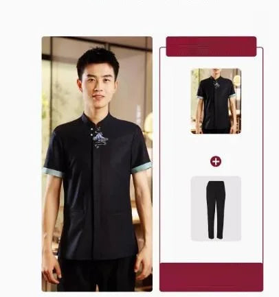 Hotel Attendant Work Clothes Short Sleeve Chinese Restaurant Waiter Uniform Top and Pants Set Catering Hotpot Workwear Wholesale