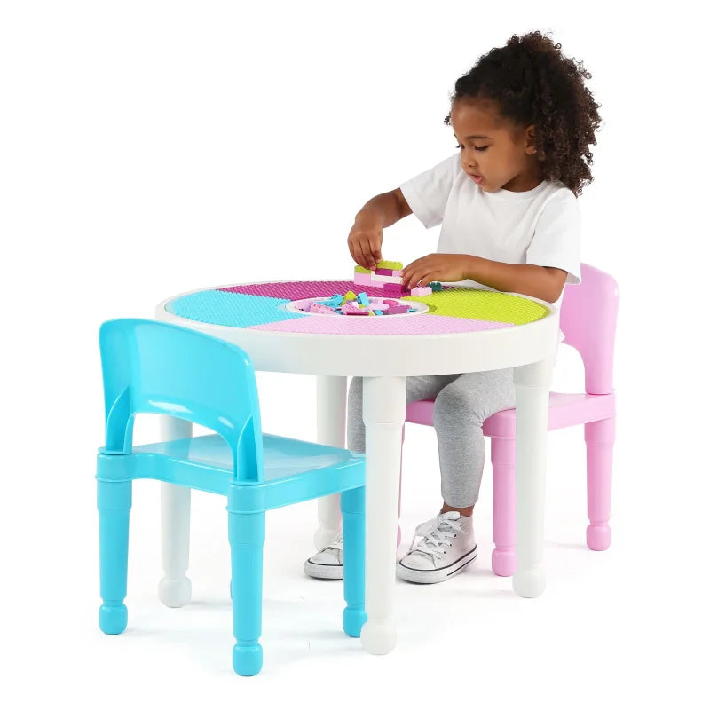 Humble Crew Kids 2-in-1 Plastic Activity Table and 2 Chairs Set, Round, White, Blue & Pink children desk and chair set