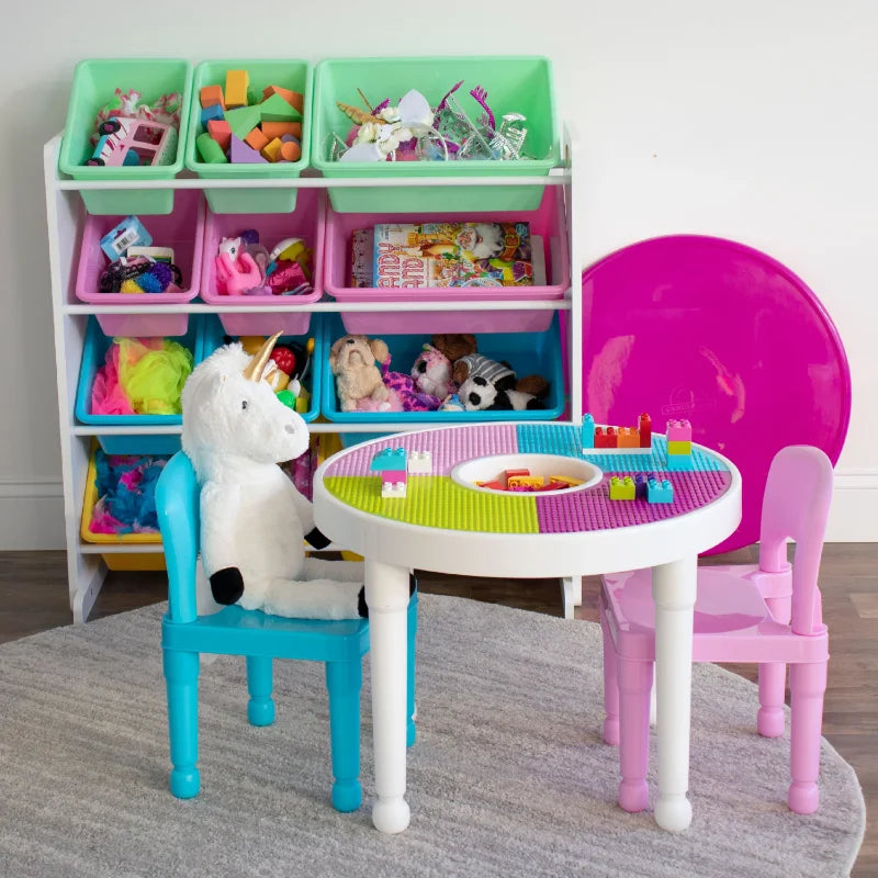 Humble Crew Kids 2-in-1 Plastic Activity Table and 2 Chairs Set, Round, White, Blue & Pink children desk and chair set