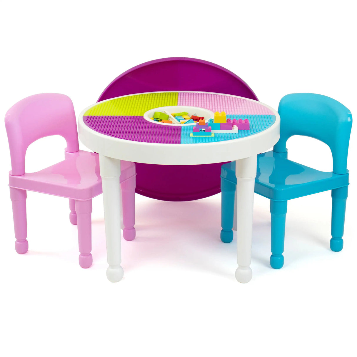 Humble Crew Kids 2-in-1 Plastic Activity Table and 2 Chairs Set, Round, White, Blue & Pink children desk and chair set