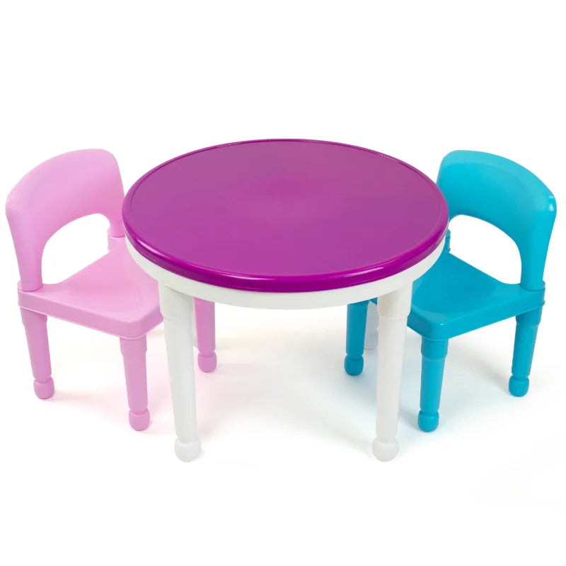 Humble Crew Kids 2-in-1 Plastic Activity Table and 2 Chairs Set, Round, White, Blue & Pink children desk and chair set