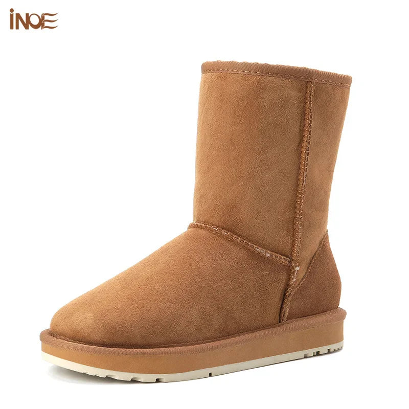 INOE Real Cow Suede Leather Women Fashion Casual Winter Snow Boots Natural Sheep Wool Fur Lined Warm Shoes Flat Waterproof