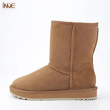 INOE Real Cow Suede Leather Women Fashion Casual Winter Snow Boots Natural Sheep Wool Fur Lined Warm Shoes Flat Waterproof