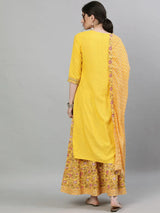 Indian Saree New Ethnic Style Women's Indian Sari Suit Cotton Silk Round Neck Long Print Daily Casual Yellow Suit